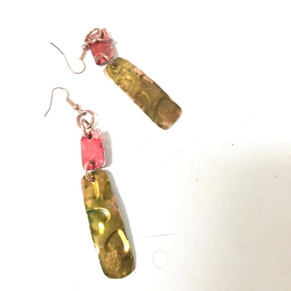 Green Red Pure Hand Painted Solid Copper Dangle Earrings Boho Christmas Gift - Picture 12 of 13